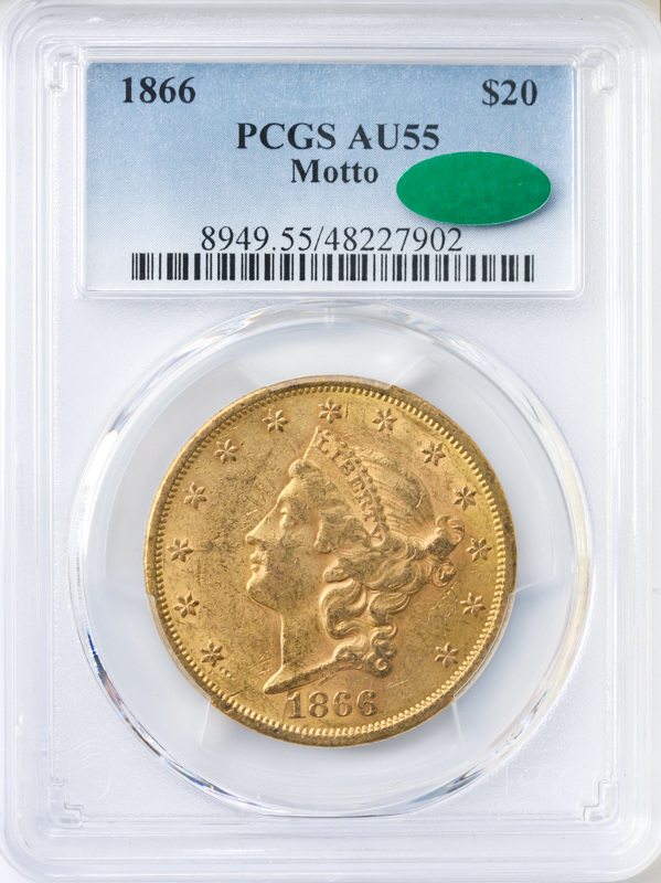 1866 $20 Liberty Type 2 With Motto PCGS AU55 CAC