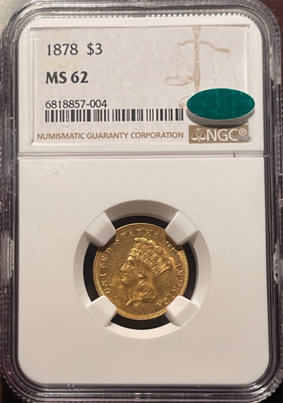 1878 $3 Indian Princess NGC MS62 CAC