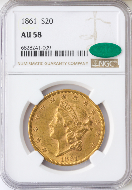1861 $20 Liberty NGC AU58 CAC 1861 $20 Liberty NGC AU58 CAC
