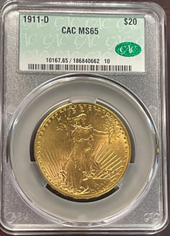 1911-D $20 Saint Gaudens CACG MS65