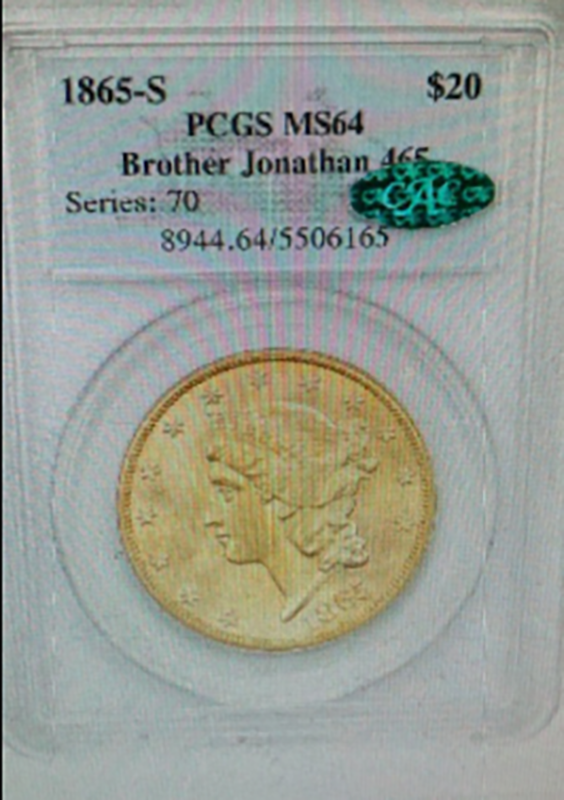 1865-S $20 Liberty Brother Jonathan PCGS MS64 CAC