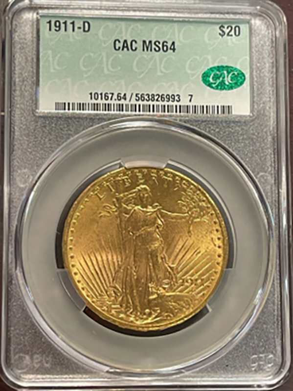1911-D $20 Saint Gaudens CACG MS64