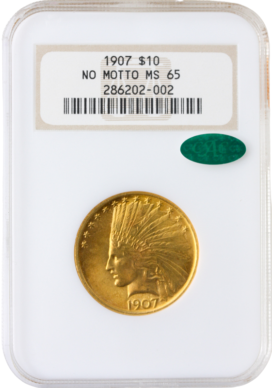 1907 No Motto $10 Indian Gold Coin NGC MS65 CAC