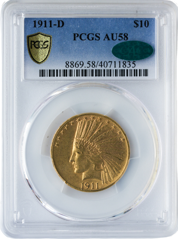 1911-D $10 Indian Gold Coin PCGS About Uncirculated 58(AU58) CAC