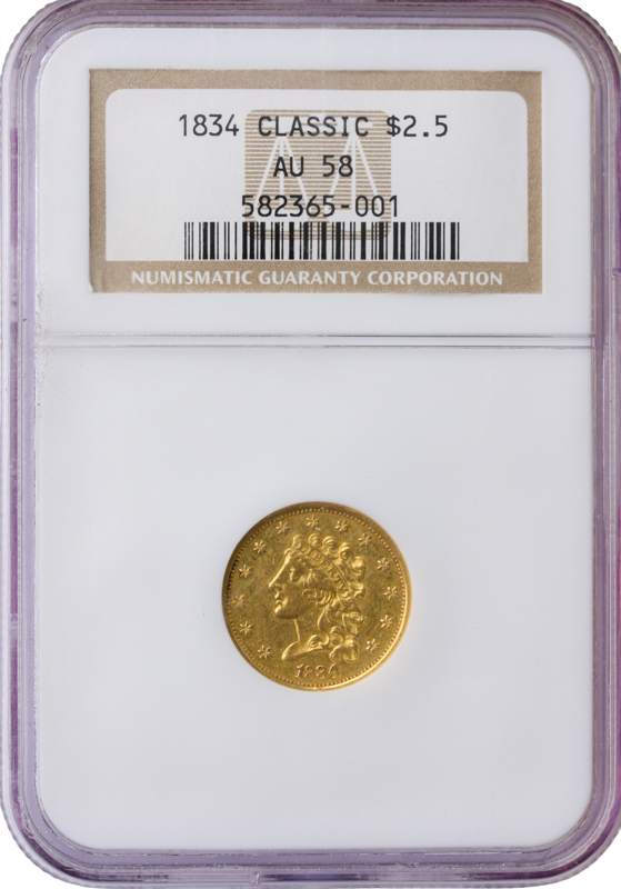 1834 $2 1/2 Classic NGC AU58
