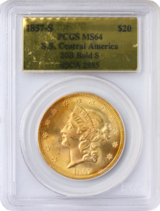 1857-S $20 Liberty SSCA Bold S PCGS MS64