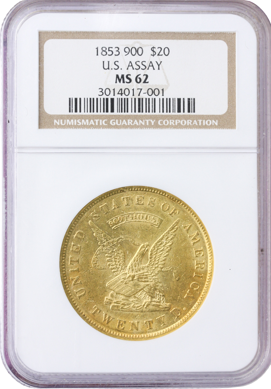 1853 $20 Assay 900 NGC MS62