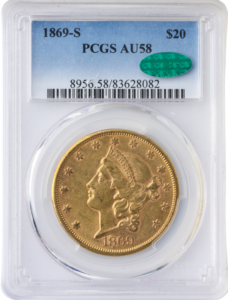 1869-S $20 Liberty Head Double Eagle PCGS AU58 CAC