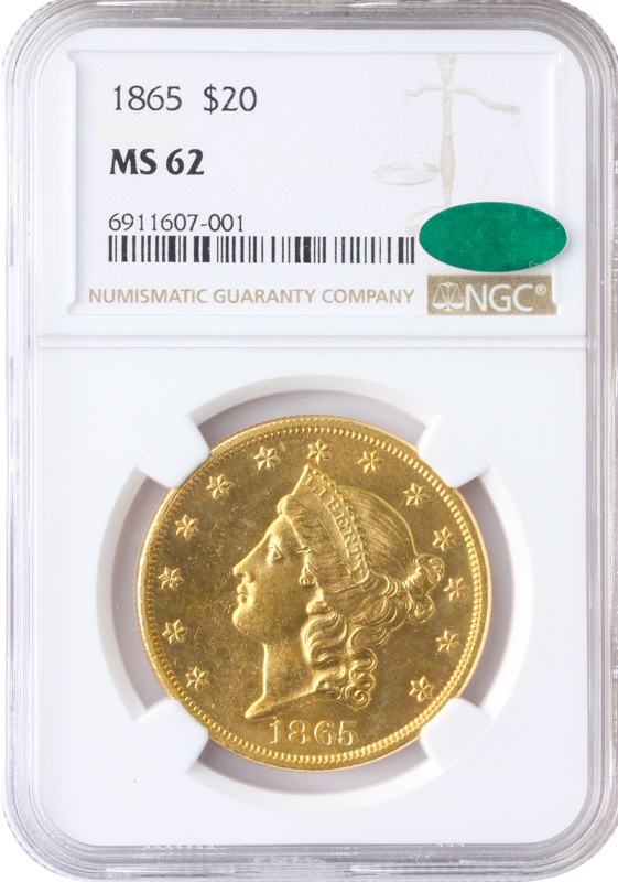 1865 $20 Liberty Gold Double Eagle NGC MS62 CAC 1865 $20 Liberty Gold Double Eagle NGC MS62 CAC