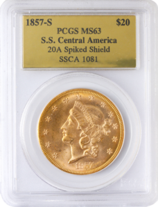 1857-S $20 Liberty Head Double Eagle S.S. Central America PCGS MS63