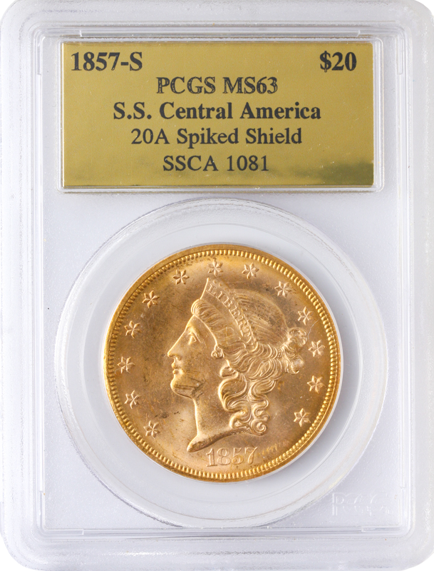 1857-S $20 Liberty Gold S.S.C.A. PCGS MS63