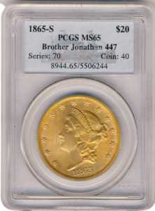 1865-S $20 Liberty Brother Jonathan PCGS MS65