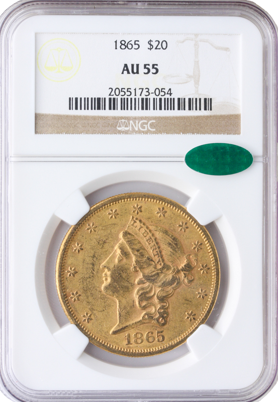 1865 $20 Liberty NGC AU55 CAC 1865 $20 Liberty NGC AU55 CAC