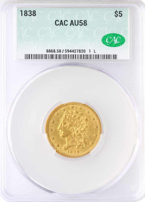 1838 $5 Classic CACG AU58