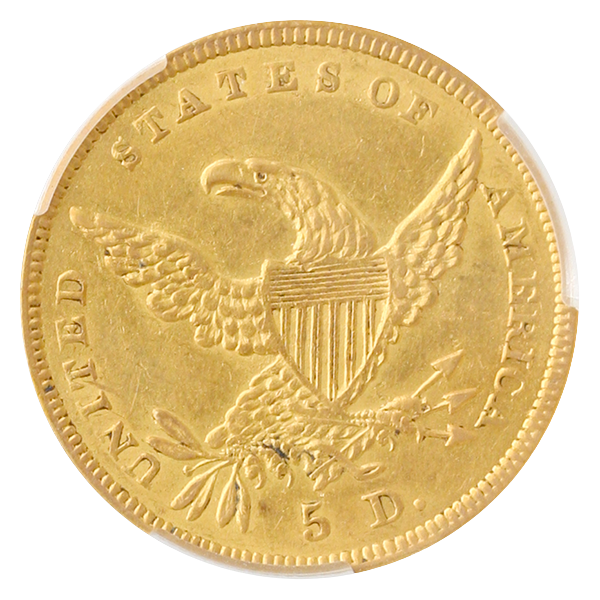 1838 $5 Classic CACG AU58