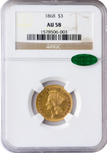 1868 $3 Indian Princess NGC AU58 CAC