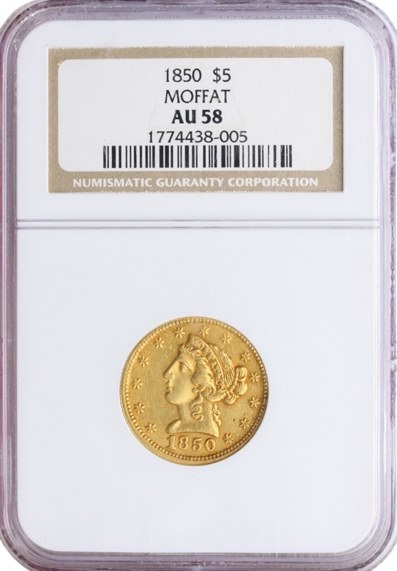 1850 $5 Moffat NGC AU58