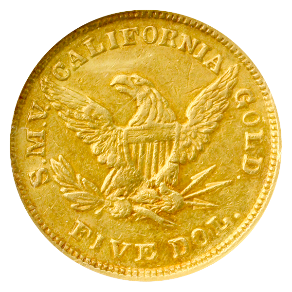 1850 $5 Moffat NGC AU58