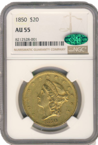 1850 $20 Liberty NGC AU55 CAC