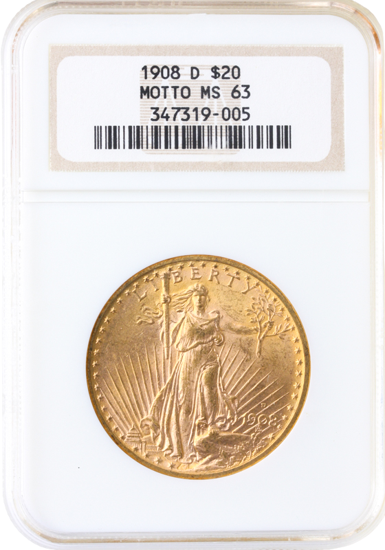 1908-D $20 Saint Gaudens With Motto NGC MS63