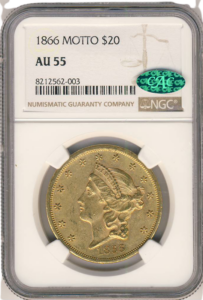 1866 $20 Liberty Type 2 NGC AU55 CAC