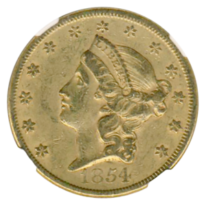 1854 $20 Liberty Large Date NGC AU53 CAC