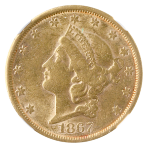 1867-S $20 liberty NGC AU55 CAC