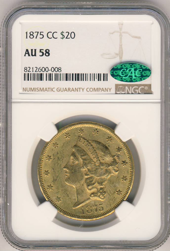 1875-CC $20 Liberty NGC AU58 CAC 1875-CC $20 Liberty NGC AU58 CAC
