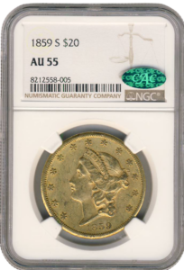 1859-S $20 Liberty NGC AU55 CAC