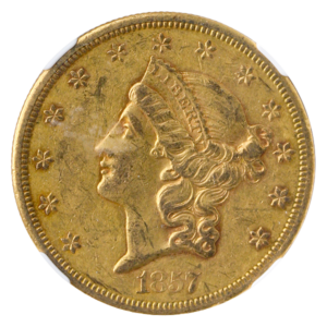 1857-S $20 Liberty NGC AU55 CAC