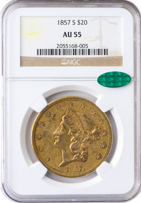 1857-S $20 Liberty NGC AU55 CAC 1857-S $20 Liberty NGC AU55 CAC