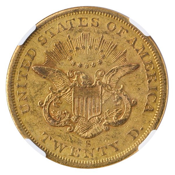 1857-S $20 Liberty NGC AU55 CAC 1857-S $20 Liberty NGC AU55 CAC
