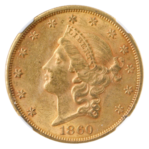 1860 $20 Liberty NGC AU55 CAC +