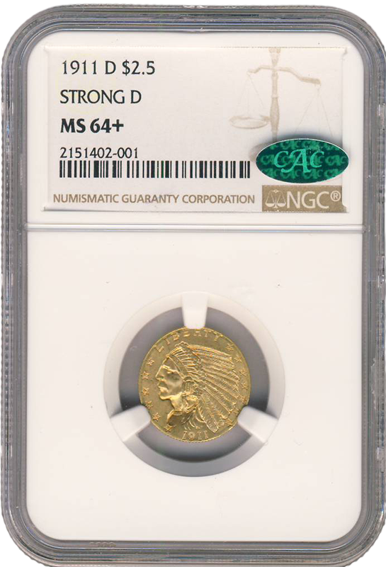 1911-D $2.50 Indian NGC MS64 CAC + 1911-D $2.50 Indian NGC MS64 CAC +
