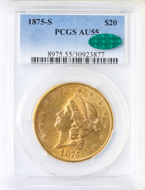 1875-S $20 Liberty Granite Lady PCGS AU55 CAC 1875-S $20 Liberty Granite Lady PCGS AU55 CAC