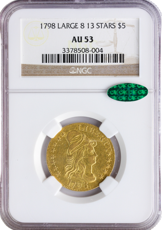 1798 $5 Draped Bust Large ,8 13 Star PCGS AU53 CAC 1798 $5 Draped Bust Large ,8 13 Star PCGS AU53 CAC