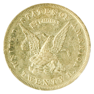 1853 $20 ASSAY SSCA .884 Pinch Of Dust PCGS AU55 +