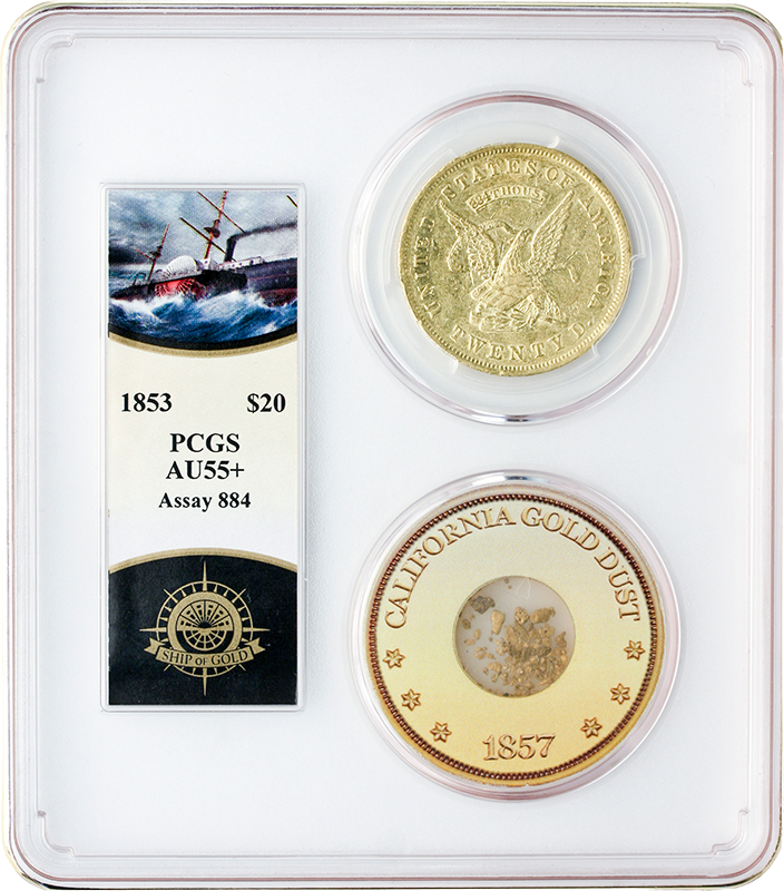 1853 $20 ASSAY SSCA .884 Pinch Of Dust PCGS AU55 +