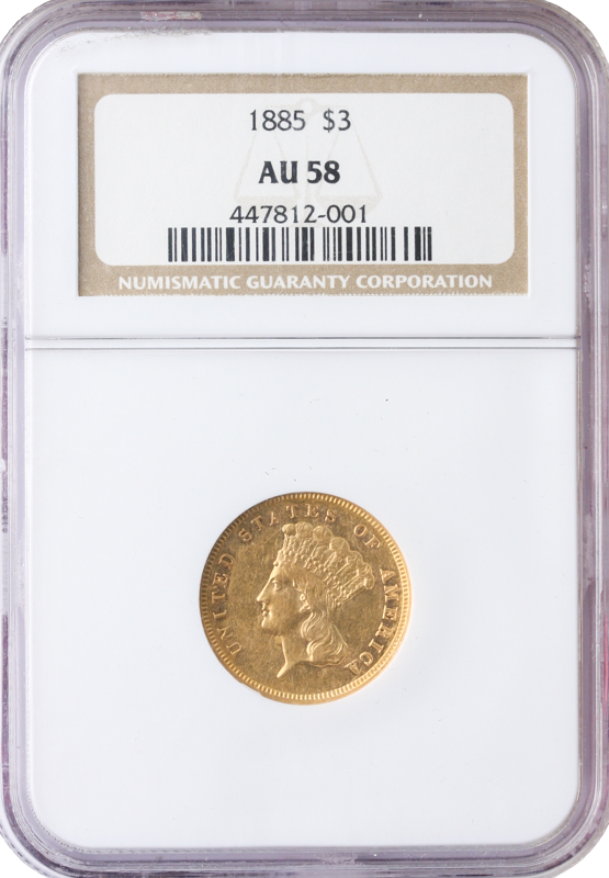 1885 $3 Indian Princess NGC AU58
