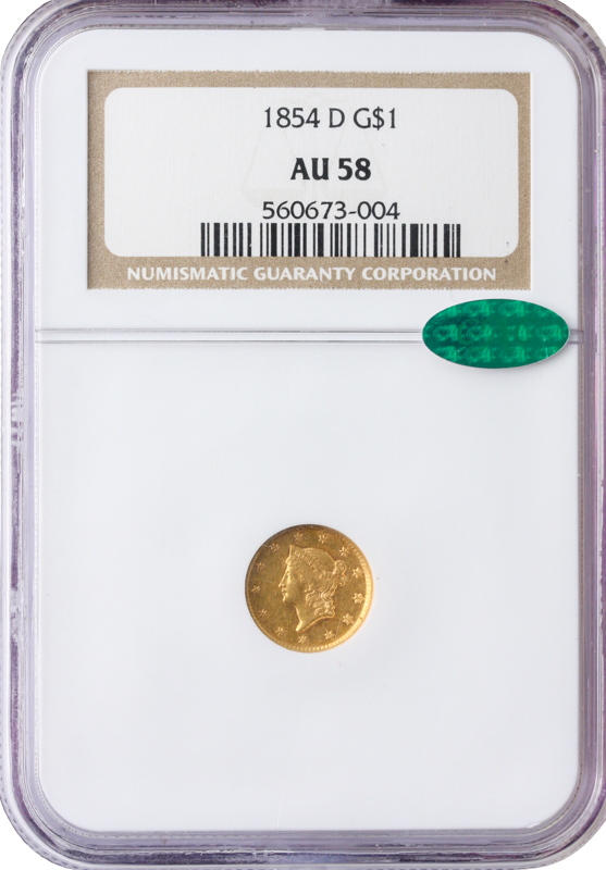1854-D $1 Gold NGC AU58 CAC 1854-D $1 Gold NGC AU58 CAC