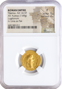 Roman Empire Tiberius Aureus NGC Fine Strike:5 Surface: 4 7.69g