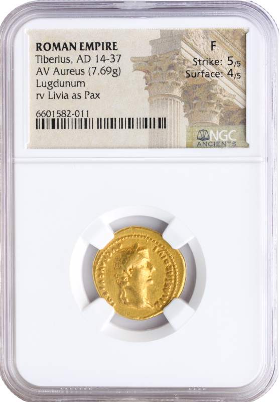 Roman Empire Tiberius Aureus NGC Fine Strike:5 Surface: 4 7.69g