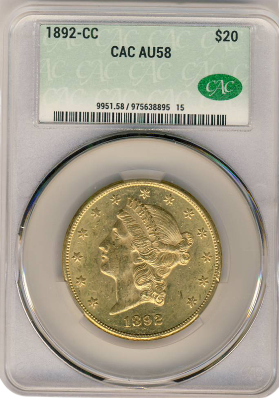 1892-CC $20 Liberty CACG AU58