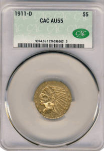 1911-D $5 Indian CACG AU55