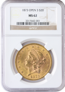 1873 $20 Liberty Open 3 NGC MS62