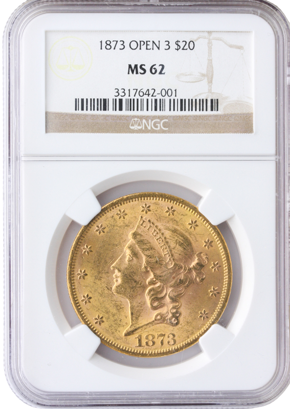 1873 $20 Liberty Open 3 NGC MS62