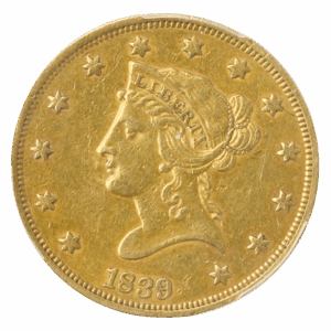 1839/8 $10 Liberty Type of 1838  Type 1 Covered Ear PCGS XF45 CAC