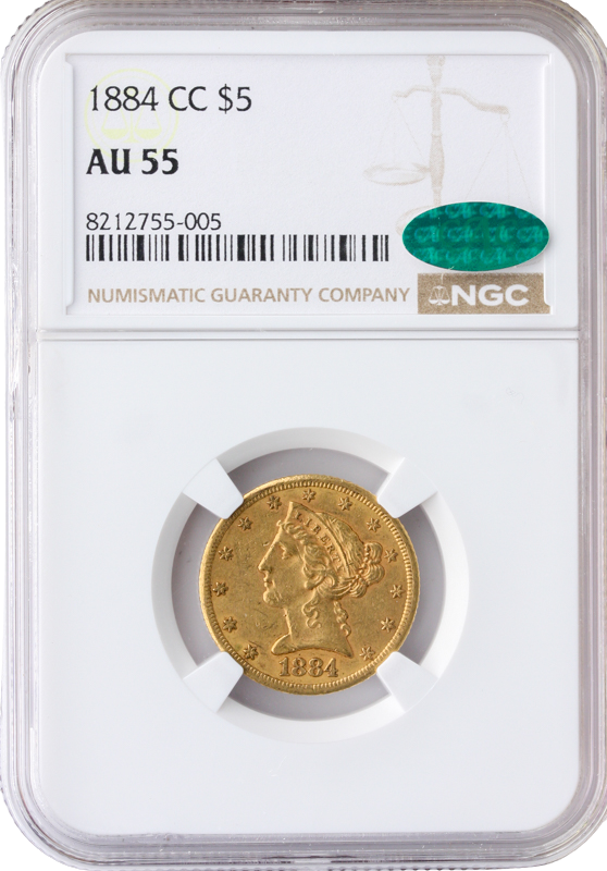 1884-CC $5 Liberty NCG AU55 CAC 1884-CC $5 Liberty NCG AU55 CAC