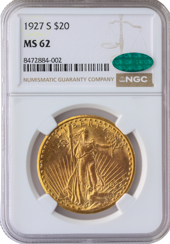 1927-S $20 Saint Gaudens NGC MS62 CAC 1927-S $20 Saint Gaudens NGC MS62 CAC