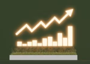 Digital rendering of a stock market chart with a gold arrow trending upward. Dark green background with gold elements